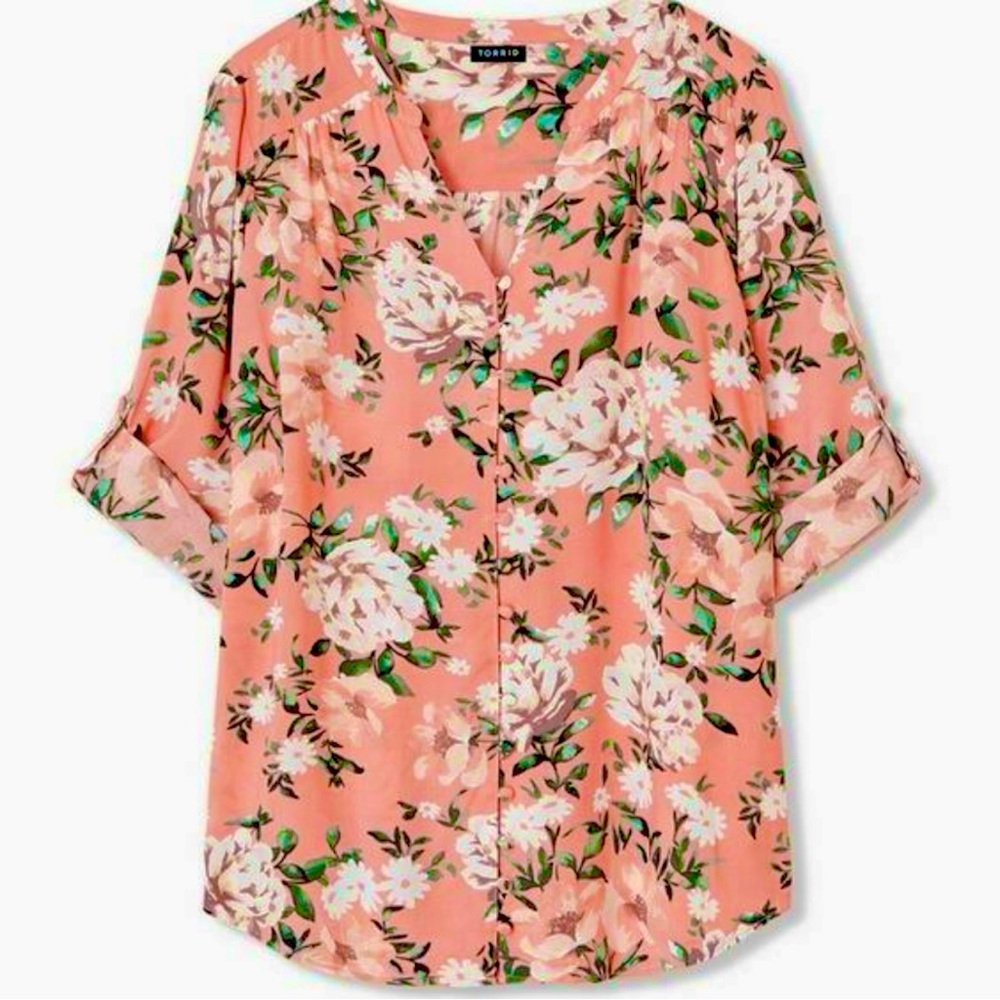 *TORRID* Harper Floral Taupe Challis Button-Front 3/4 Sleeve Blouse - Picture 2 of 10